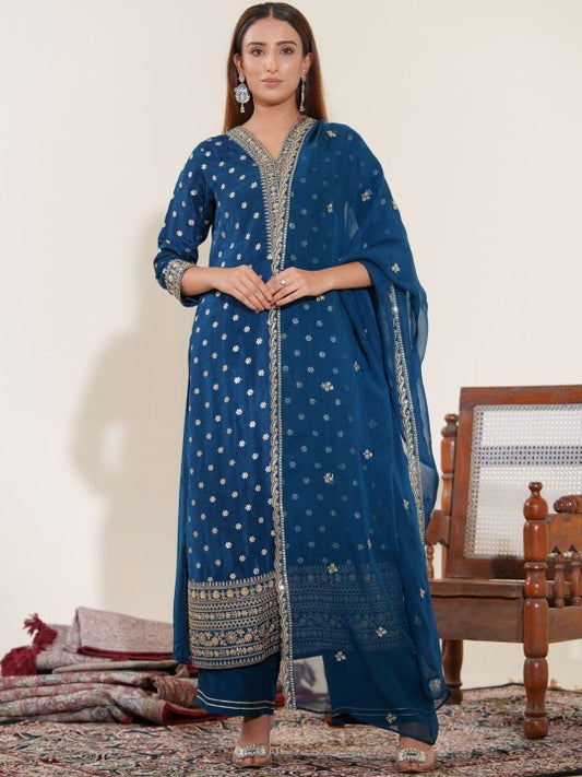 House of Pataudi Floral Woven Design V-Neck Pure Silk Kurta