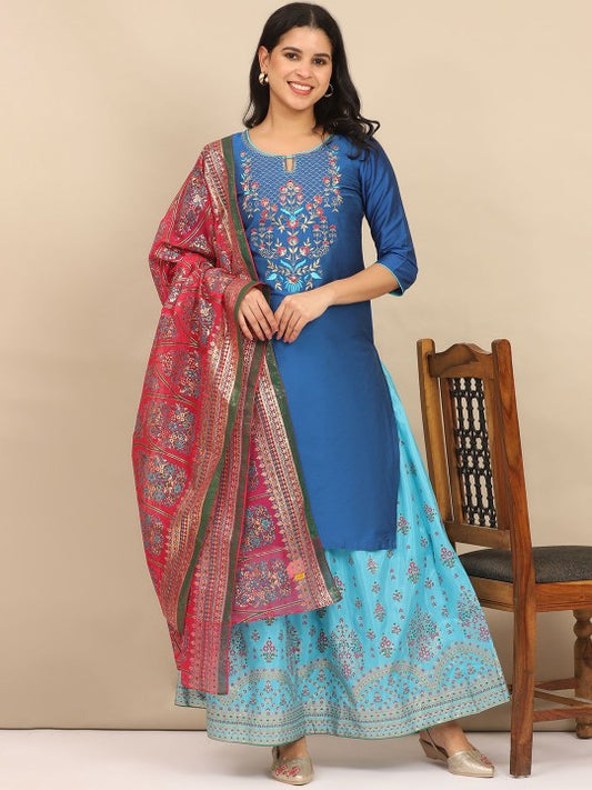 AURELIA Women Ethnic Motifs Yoke Design Regular Thread Work Kurta with Skirt & With Dupatta