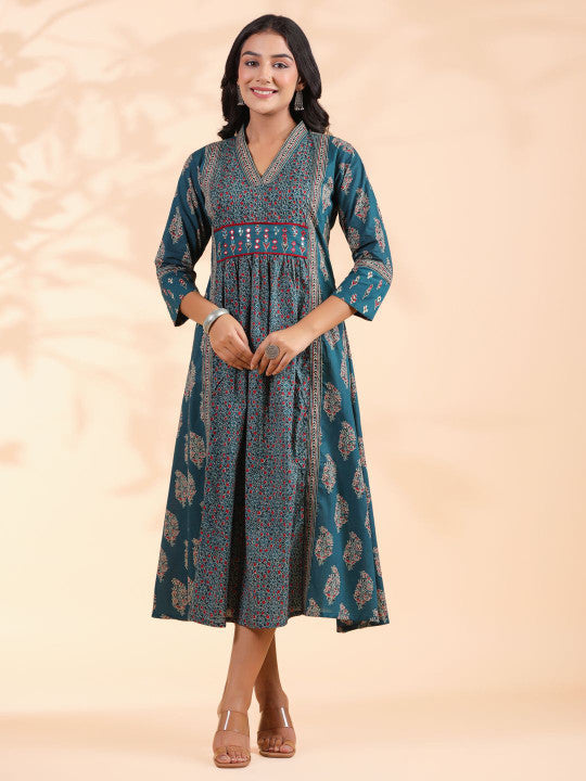 Vbuyz Ethnic Motifs Printed Cotton A-Line Midi Dress