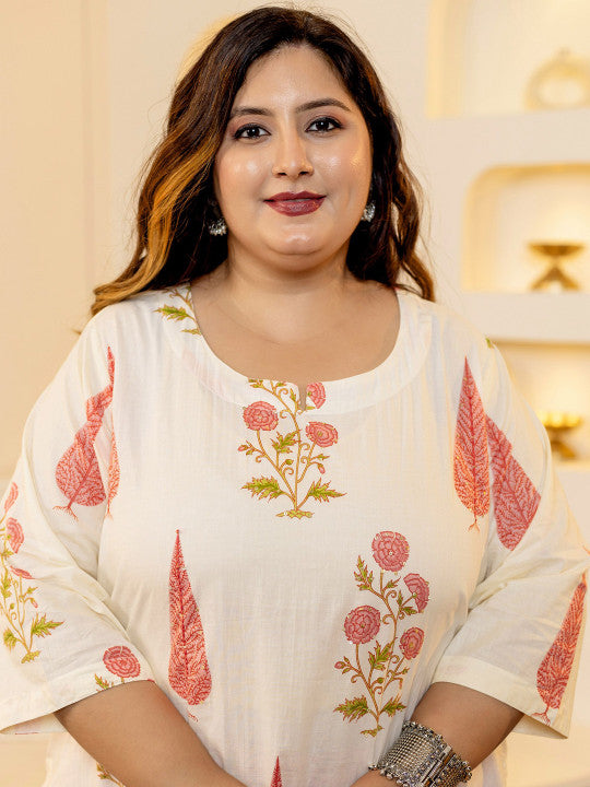 Floral Printed Sequinned Pure Cotton Kurta with Trouser & Dupatta
