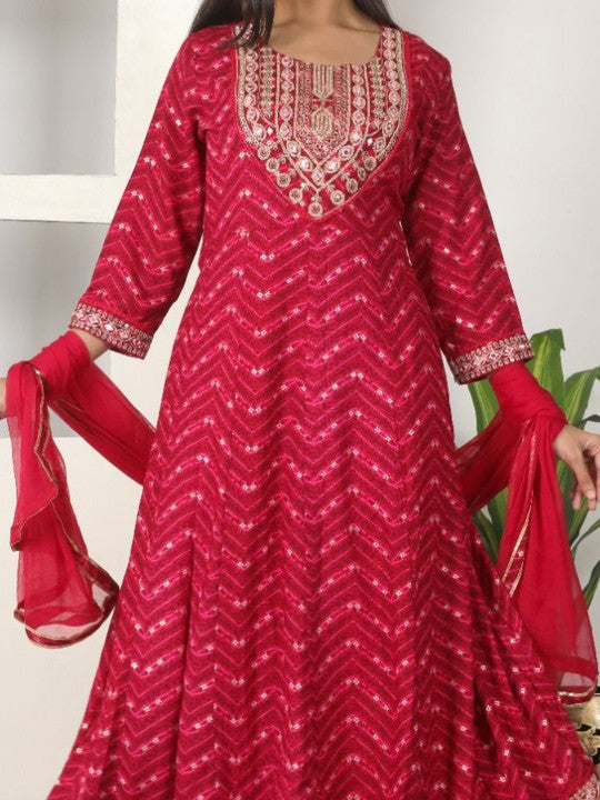 Fabinn Floral Embroidered Thread Work Anarkali Kurta With Trousers & Dupatta