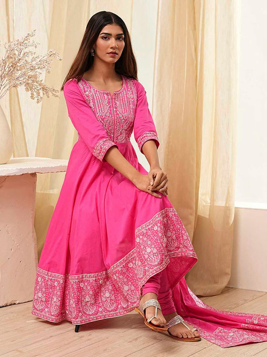 Biba Women Floral Embroidered Regular Thread Work Pure Cotton Kurta with Churidar & With Dupatta
