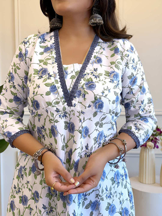 Floral Printed Straight Kurta With Trousers & Dupatta
