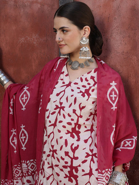 Taavi Floral Bagru Printed V-Neck Straight Kurta & Trouser with Dupatta