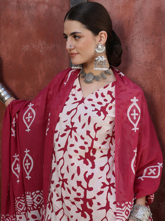Taavi Floral Bagru Printed V-Neck Straight Kurta & Trouser with Dupatta