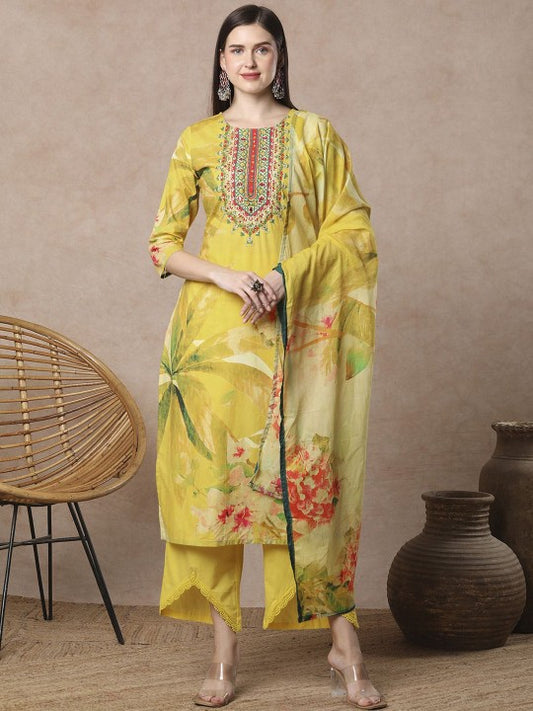 FASHOR Floral Printed Mirror Work Pure Cotton Straight Kurta