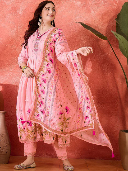 CHHAAP Women Floral Embroidered Anarkali Kurta with Trousers & Dupatta