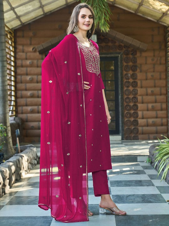 DIVASTRI Women Ethnic Motifs Embroidered Sweetheart Neck Kurta with Trousers & Dupatta