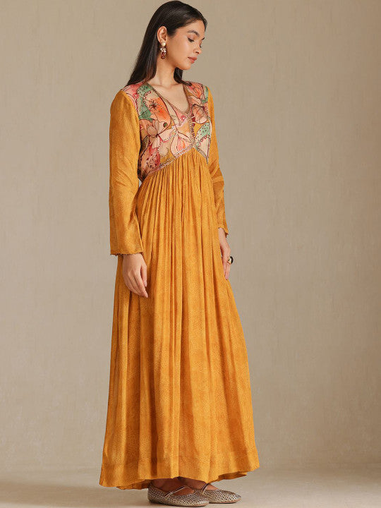 Printed Beaded Empire Waist Maxi Ethnic Dress