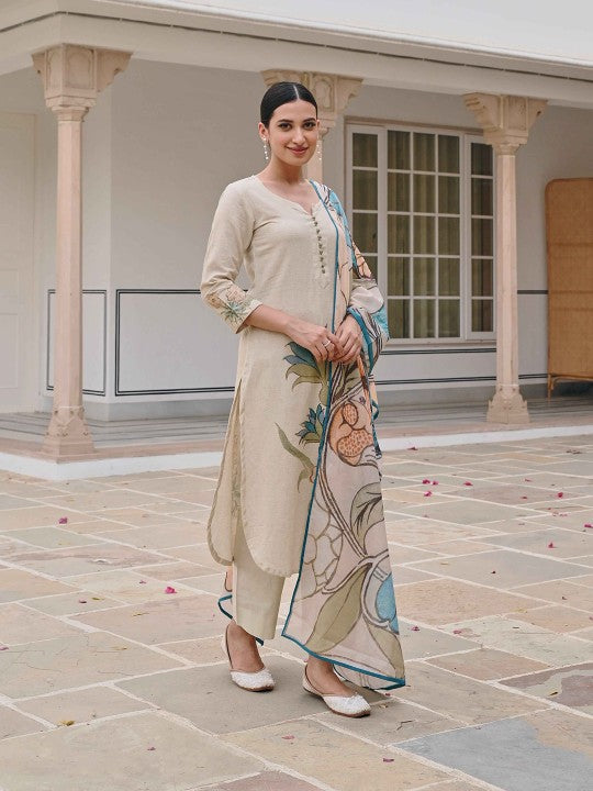 Floral Printed Pure Cotton Straight Kurta with Trousers & With Dupatta
