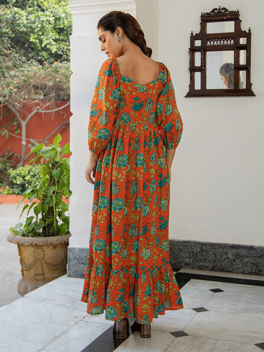 Floral Printed Pure Cotton Gathered Ethnic Dress