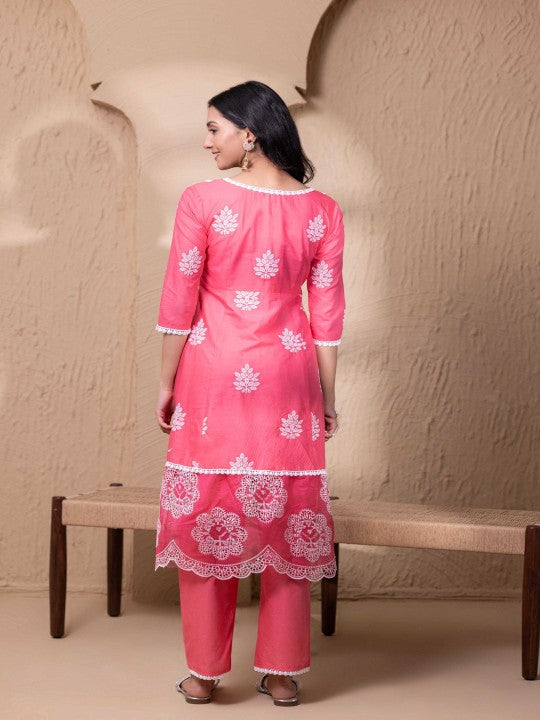 Floral Threadwork Lace Work schiffli Pure Cotton A Line Kurta With Palazzos & Dupatta