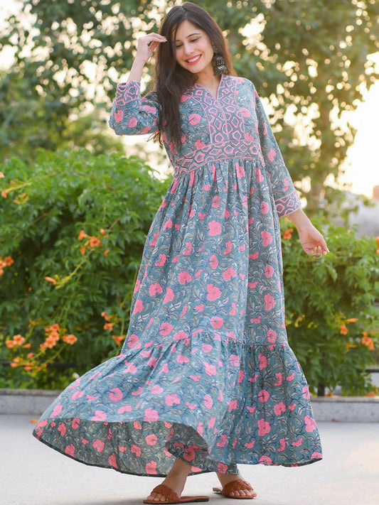 GULABI DORI Floral Printed Cotton Maxi Ethnic Dress