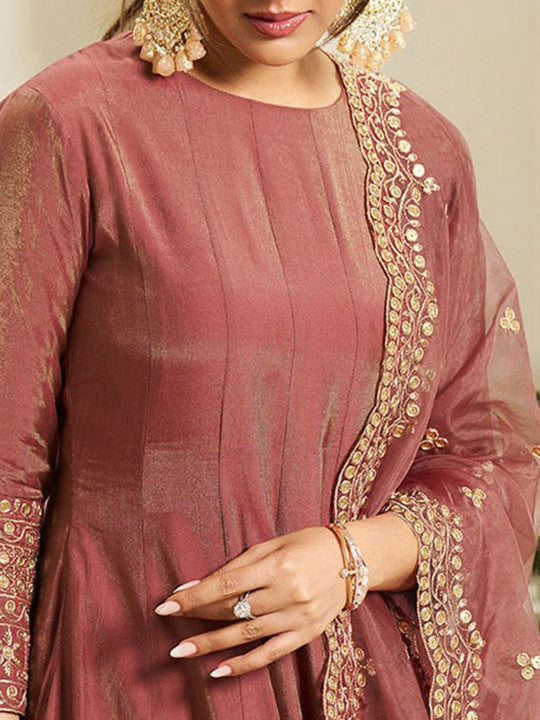 Inddus Floral Yoke Design Sequinned Anarkali Kurta With Palazzos & Dupatta
