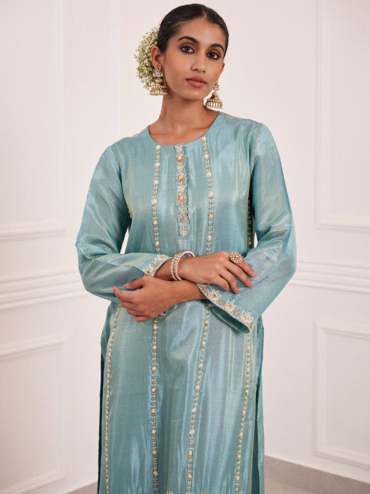 AUTUMN LANE Gaurisha Lapis Floral Embroidered Thread Work Kurta With Trousers & Dupatta