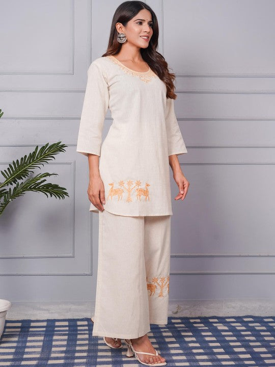 TULSILICIOUS Embroidered Round Neck Organic Cotton Tunic With Palazzos