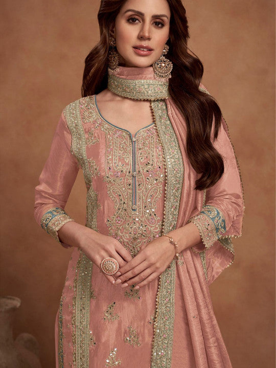 SURATSUIT Women Floral Embroidered Regular Mirror Work Kurta with Palazzos & With Dupatta