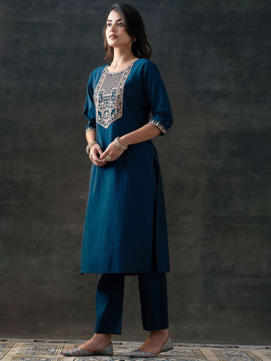 Gerua By Libas Floral Yoke Design Sequinned Straight Kurta With Trousers & Dupatta
