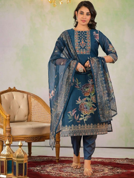 AUTUMN LANE Women Floral Embroidered Cotton Kurta with Trousers & Dupatta