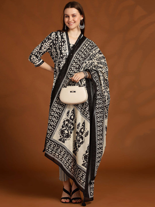 Anouk Women Floral Printed Panelled Cotton Kurta with Trousers & Dupatta