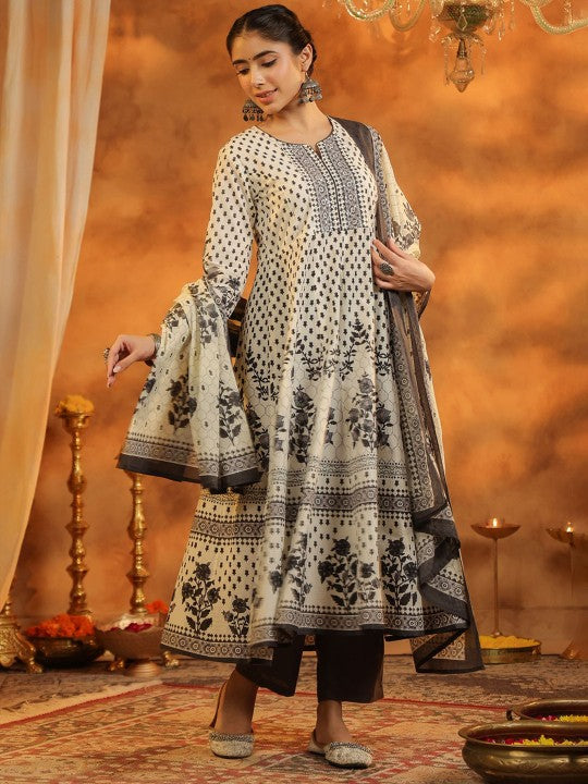 Floral Printed Pure Cotton Kurta With Trousers & Dupatta