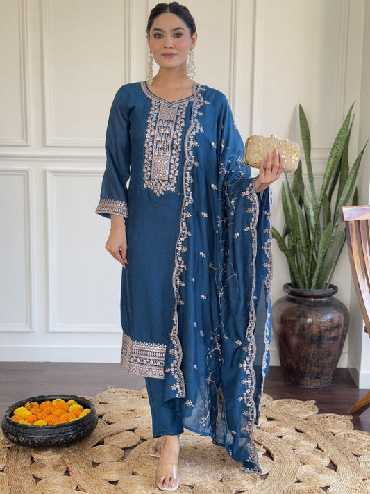 Floral Yoke Design Sweetheart Neck Zari Straight Kurta With Trousers & Dupatta
