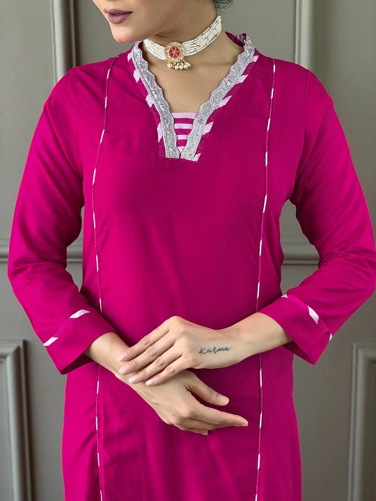 Embroidered Thread Work Kurta With Trousers & Dupatta