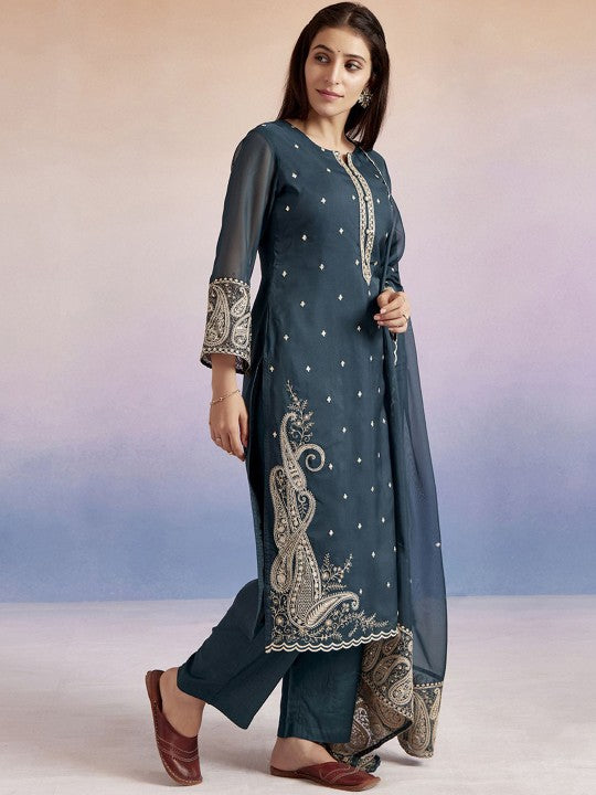 Jaipur Kurti Paisley Embroidered Round Neck Straight Kurta With Palazzos & Dupatta