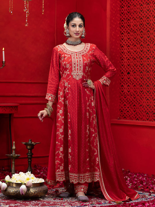CHHAAP Floral Embroidered Panelled Anarkali Kurta with Trousers & Dupatta