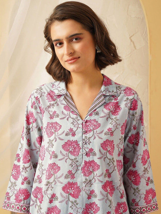 Floral Printed Shirt Collar Sequinned Pure Cotton A-line Kurta