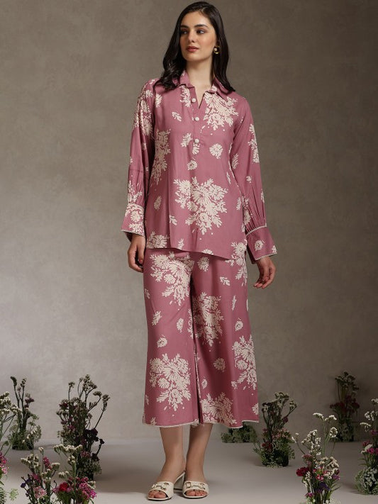 Floral Printed Shirt Collar Tunic With Palazzo Co-Ords