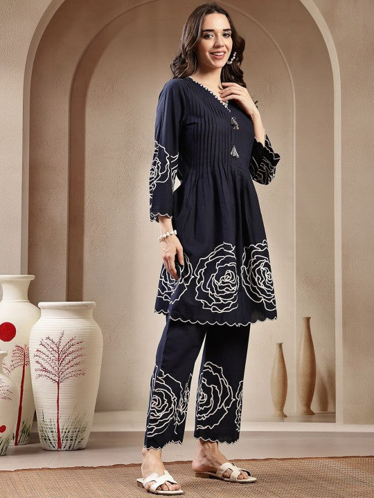 Stylum Embroidered Pure Cotton V Neck Tunic With Trousers