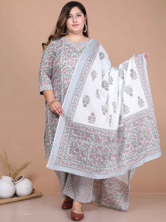 Doriyaan Plus Size Floral Printed V-Neck Straight Pure Cotton Kurta With Palazzos