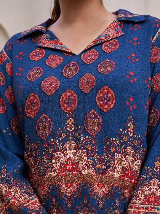 AUTUMN LANE Kabool Nileblue Printed Pure Cotton Tunic With Palazzo Co-Ords