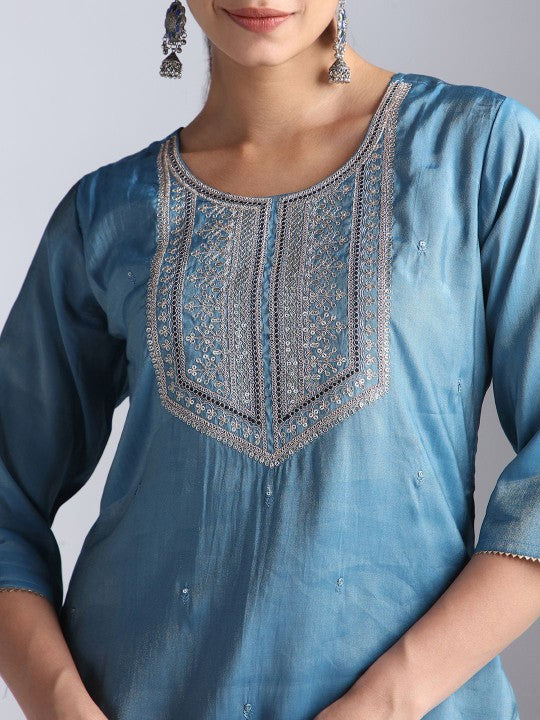 House Of Dharaa Floral Embroidered Chanderi Silk Straight Kurta