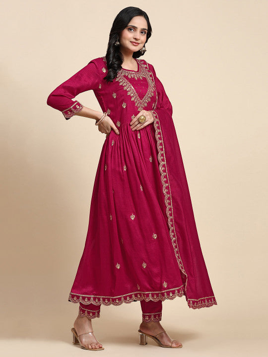 Trendmalls Floral Embroidered Sequinned Anarkali Kurta & Trousers With Dupatta