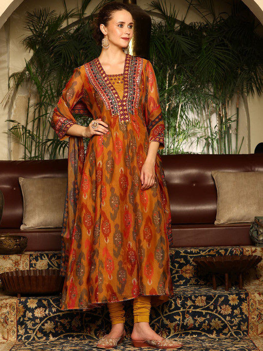 W Women Ethnic Motifs Printed Regular Thread Work Kurta with Trousers & With Dupatta