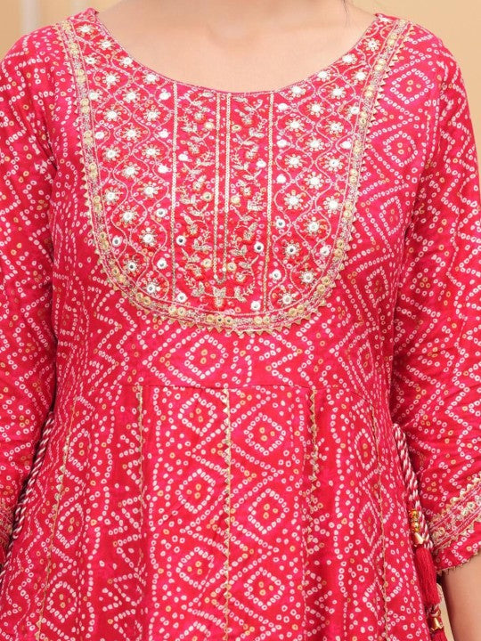 TOULIN Bandhani Printed Regular Mirror Work Kurta With Trousers & Dupatta