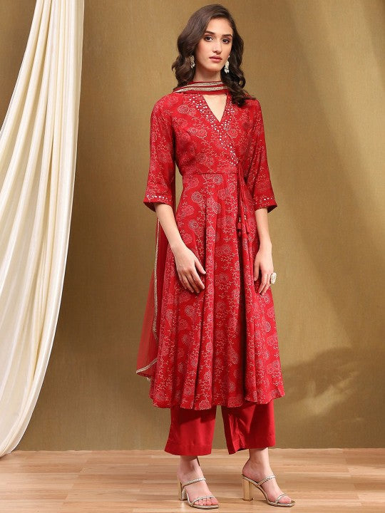 Biba Floral Printed V-Neck Angrakha Mirror Work Anarkali Kurta