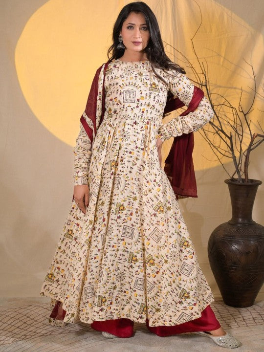 ADYASAA THE LABEL Women Printed Cotton Anarkali Kurta with Trousers & Dupatta