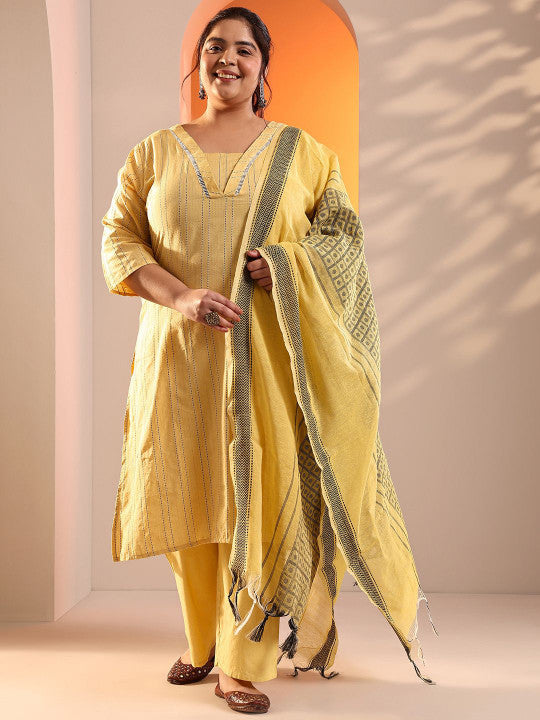 EXTRA LOVE BY LIBAS Women Plus Size Striped Woven Design Kurta with Palazzos & Dupatta