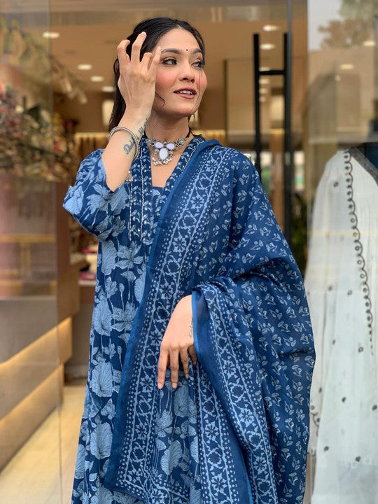 Floral Printed V-Neck Pure Cotton A-Line Kurta With Palazzos And Dupatta