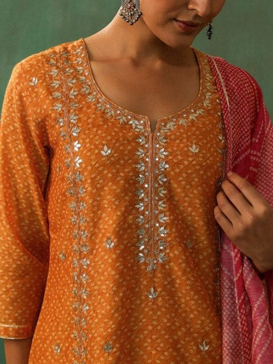 Heritage Bandhani Printed Gotta Patti Pure Cotton Straight Kurta With Trousers & Dupatta