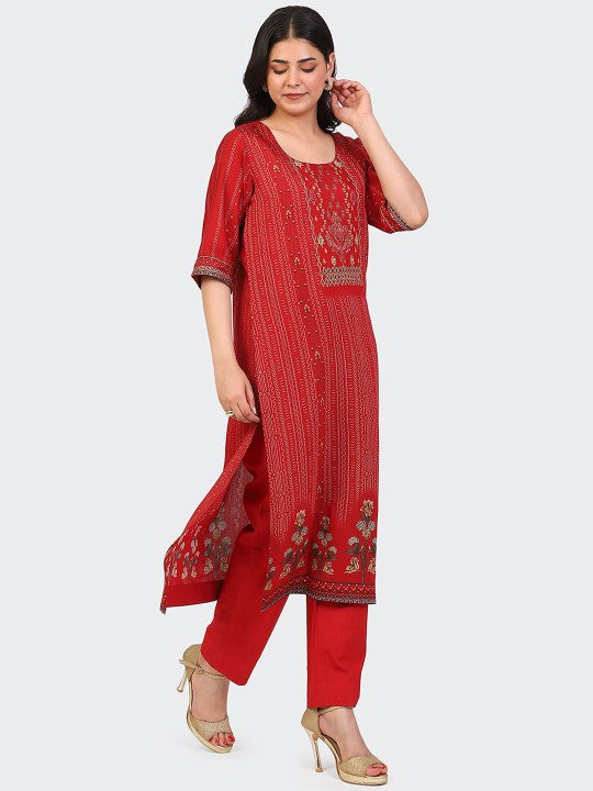 HUE & HIDE Floral Embroidered Round Neck Zari Straight Kurta With Trousers & Dupatta
