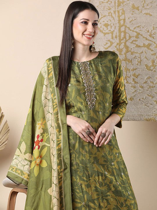 FASHOR Floral Printed Beads & Stone Straight Kurta