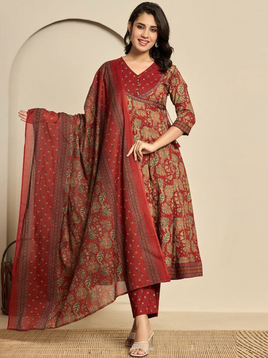Do Dhaage Floral Printed V-Neck Angrakha Pure Cotton Anarkali Kurta With Trouser & Dupatta