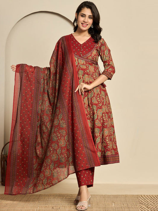 Do Dhaage Floral Printed V-Neck Angrakha Pure Cotton Anarkali Kurta With Trouser & Dupatta