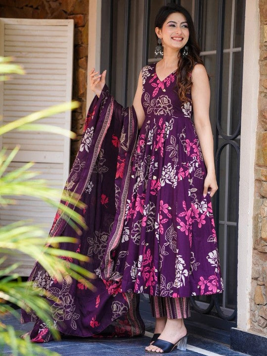 Idaho Clothing Floral Printed Pure Cotton Anarkali Kurta with Trousers & Dupatta