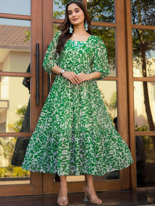 VenderVilla Women Printed Puff Sleeve Georgette Fit and Flare Midi Dress