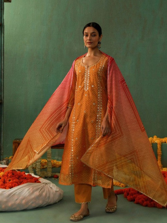 Heritage Bandhani Printed Gotta Patti Pure Cotton Straight Kurta With Trousers & Dupatta